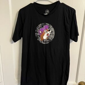 Black Graphic Tee with Purple Hat Design